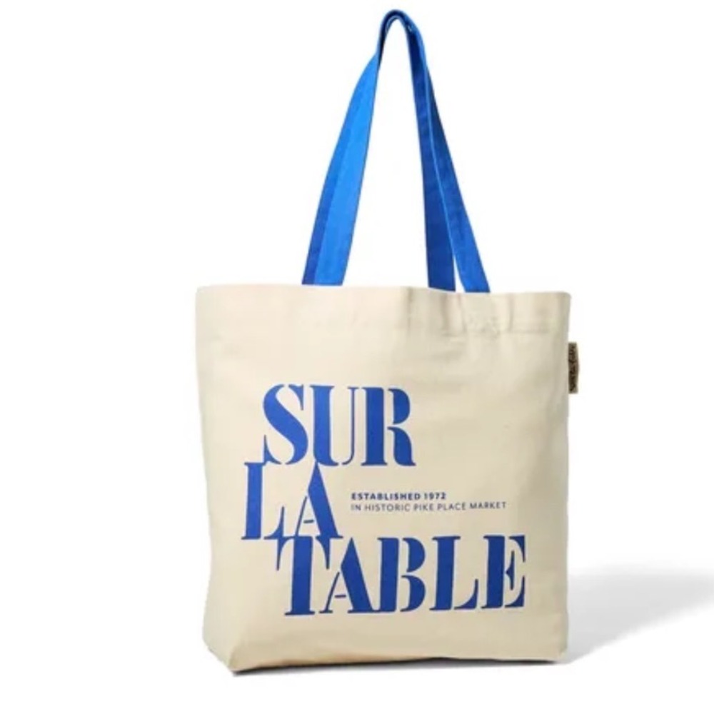 Sur La Table Shopper Tote Canvas Bag Pike Place Market Cream Blue NWT - Picture 2 of 11